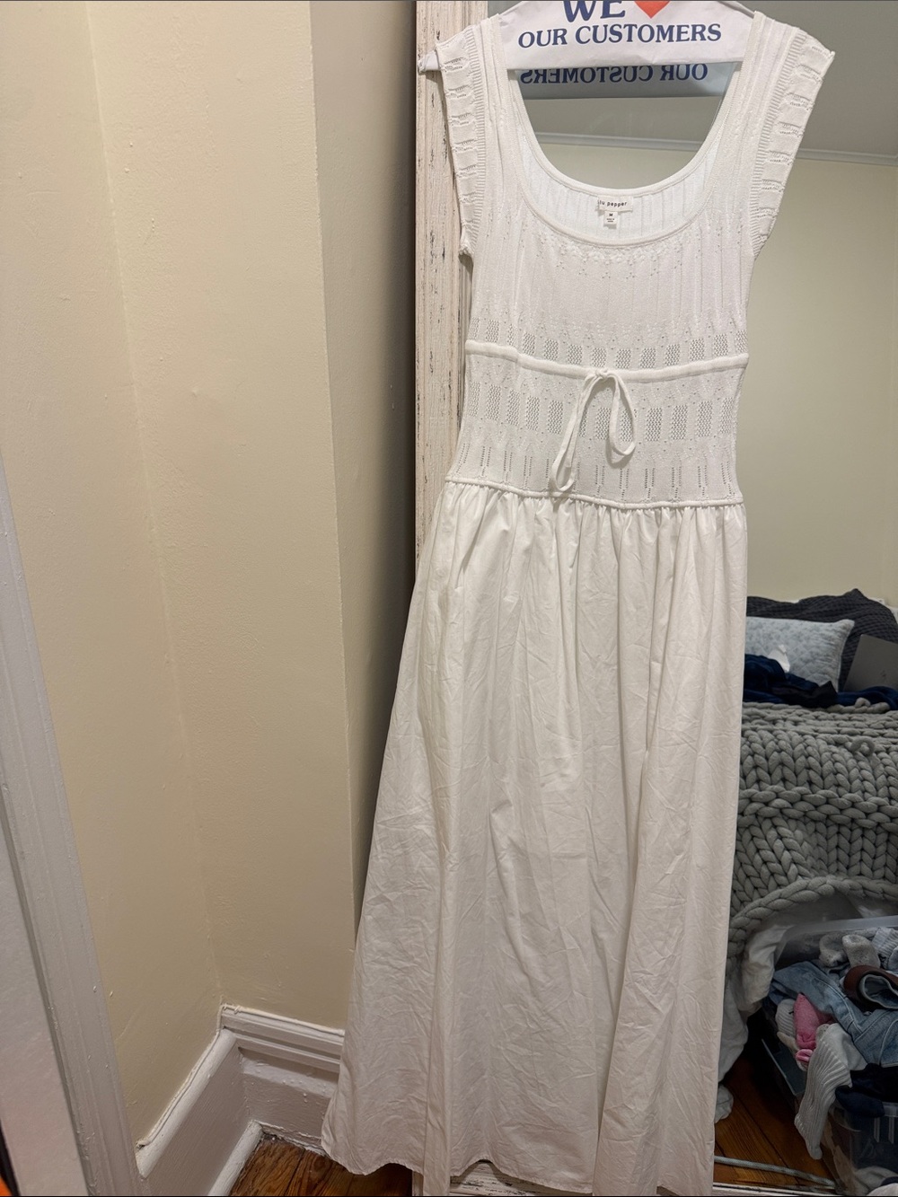 Blu Pepper White Sleeveless Knit-Bodice Maxi Dress